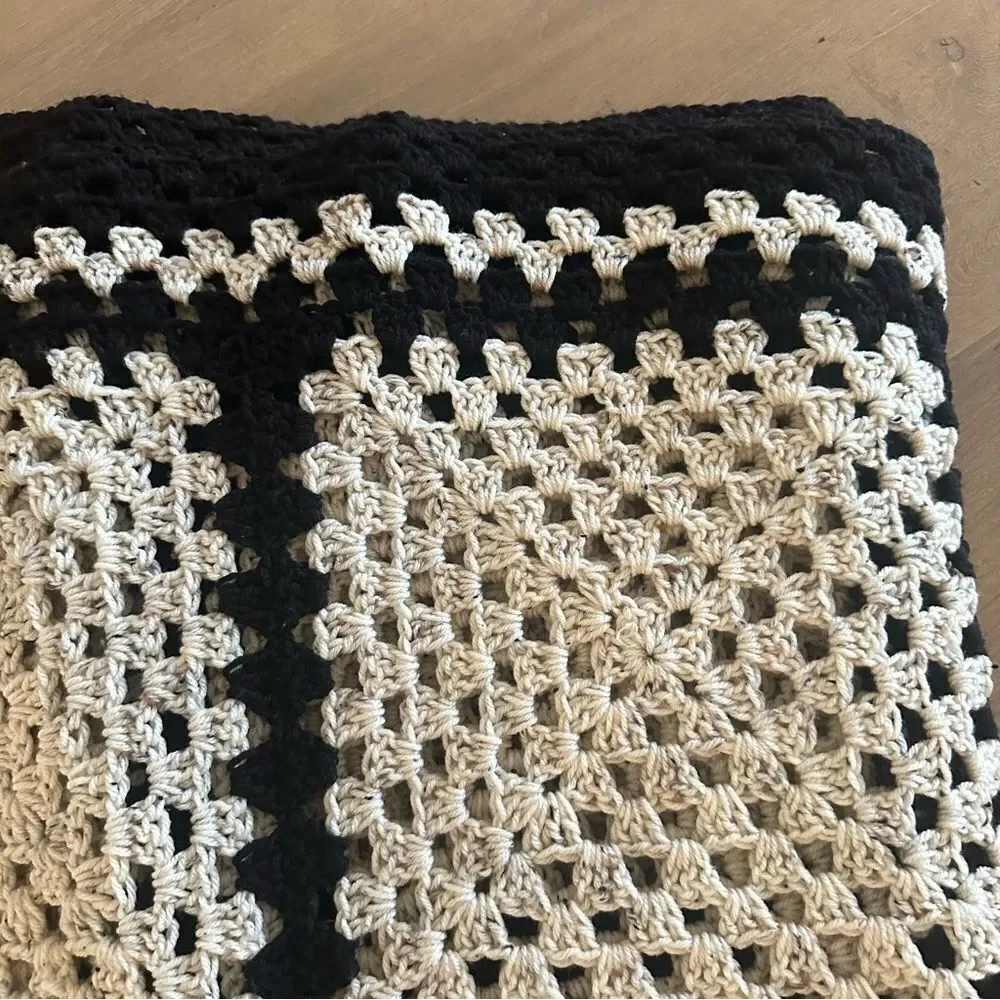 Handmade Crochet Throw Blanket Granny Blanket Sweater Style Beige Black